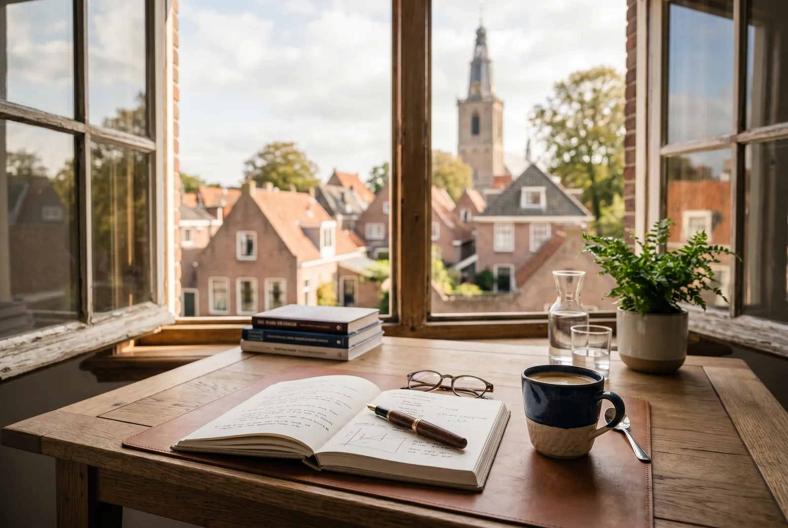 Werkplek van Bouvy Advies met uitzicht op Naarden-Vesting